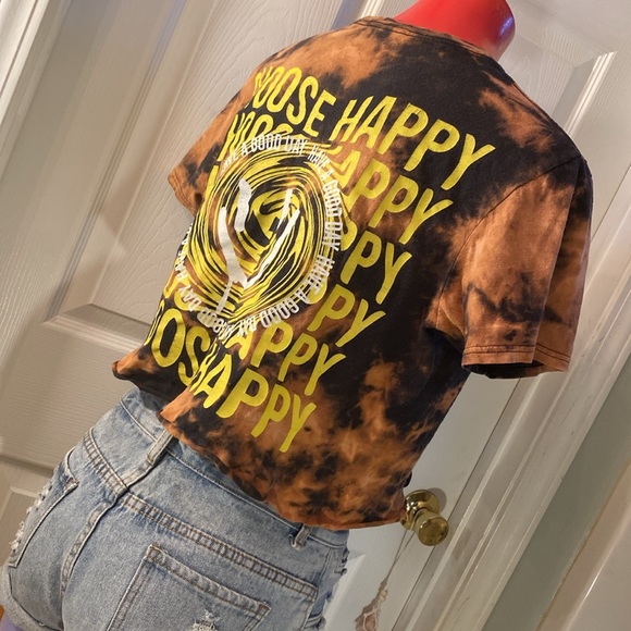 Chemistry Black and Orange Reverse Tie Dye Choose Happy Graphic Crop T-Shirt - Picture 12 of 14